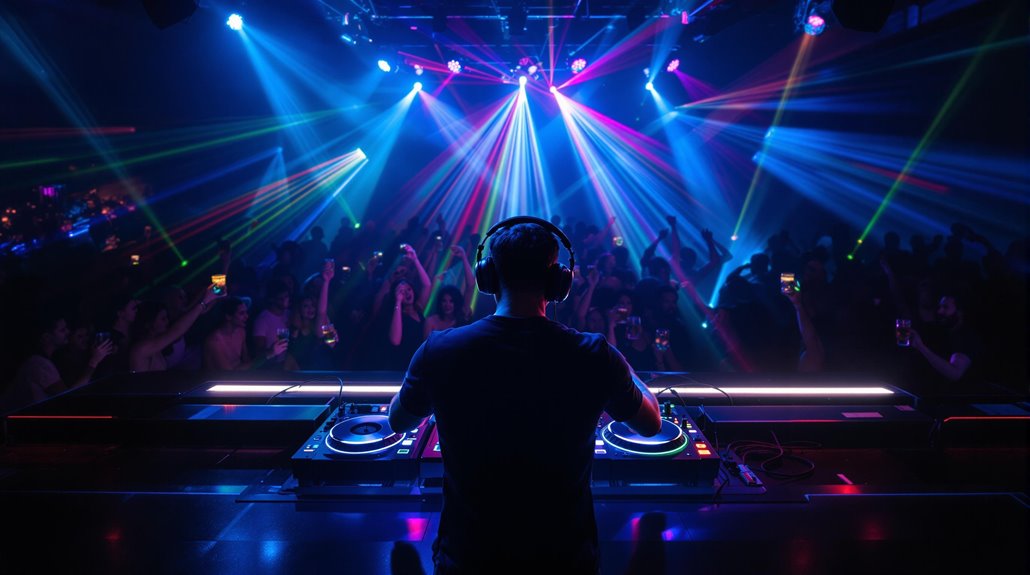A DJ wearing headphones performs at a nightclub, delivering top-notch DJ services to a lively crowd dancing under vibrant, colorful laser lights and spotlights in a dark, energetic nightlife atmosphere.