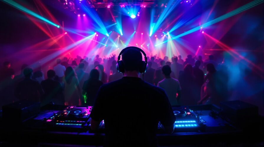 A DJ wearing headphones performs on stage, energizing a crowd of people dancing under vibrant, colorful laser lights and spotlights in a dark nightclub atmosphere, capturing the essence of nightlife and the excitement found in bars and clubs.