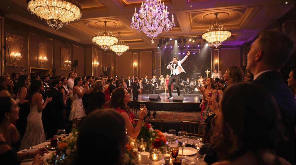 A singer delivers professional entertainment on stage in a grand ballroom, surrounded by chandeliers and an applauding audience dressed in formal attire—creating an unforgettable atmosphere that maximizes fundraising and ensures fundraiser success.