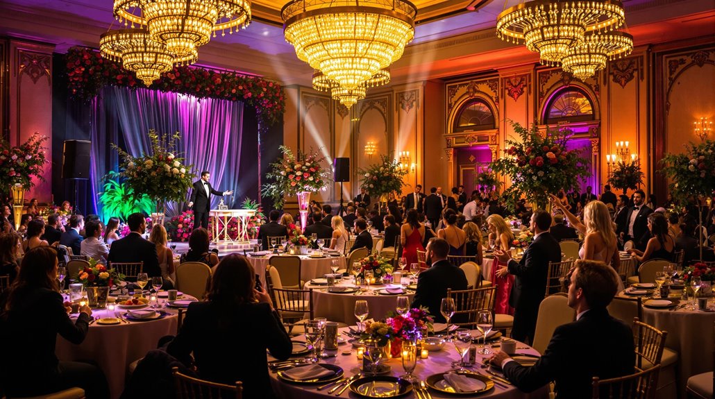 A formal event in a grand ballroom with chandeliers, colorful lighting, and round tables set for dinner. Guests in formal attire are seated, watching a speaker on stage as professional entertainment enhances the elegant atmosphere.