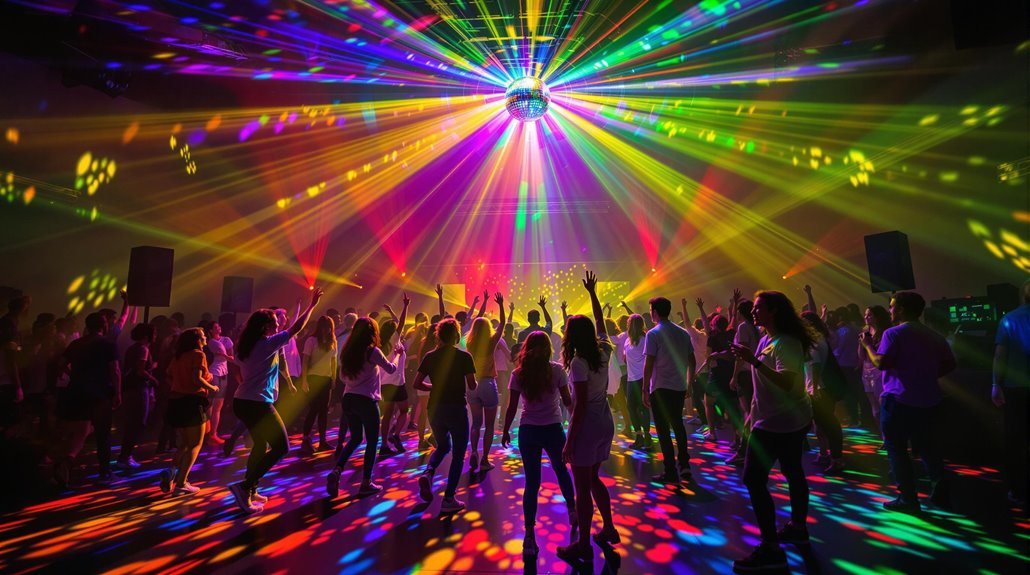 A large group of people dance under a disco ball, surrounded by colorful, professional lighting and vibrant laser reflections, creating an energetic and festive party atmosphere in a dark room—perfect for high school events.