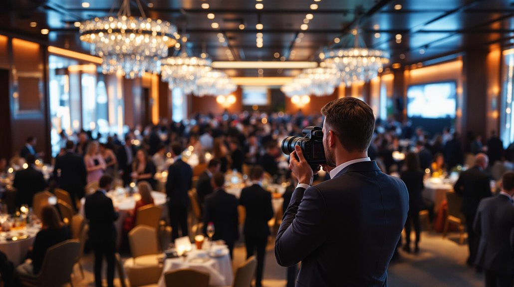 A photographer in a suit captures moments at a formal event in a large, elegant banquet hall filled with guests under sparkling chandeliers, showcasing professional photography tailored for corporate event marketing.