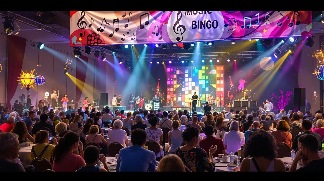 A large audience watches a lively band perform on a colorful stage under a Music Bingo banner, with bright lights and musical decorations filling the vibrant, festive indoor venue—perfect for event marketing a unique music bingo event.