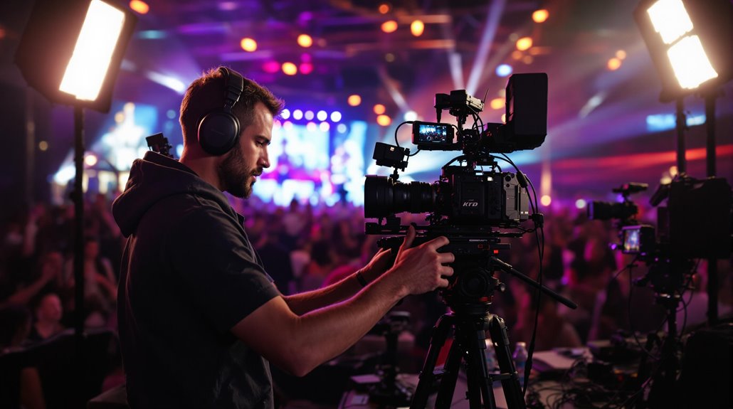 A videographer with headphones films an event on a professional camera, surrounded by bright studio lights and a blurred crowd in a colorful, lively venue.