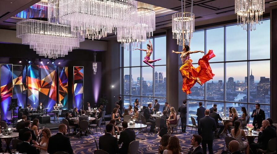 At this 2025 Regina corporate event entertainment, guests in evening attire gather in a grand ballroom with city skyline views, enjoying aerial performers above and a live band on the vibrant stage.