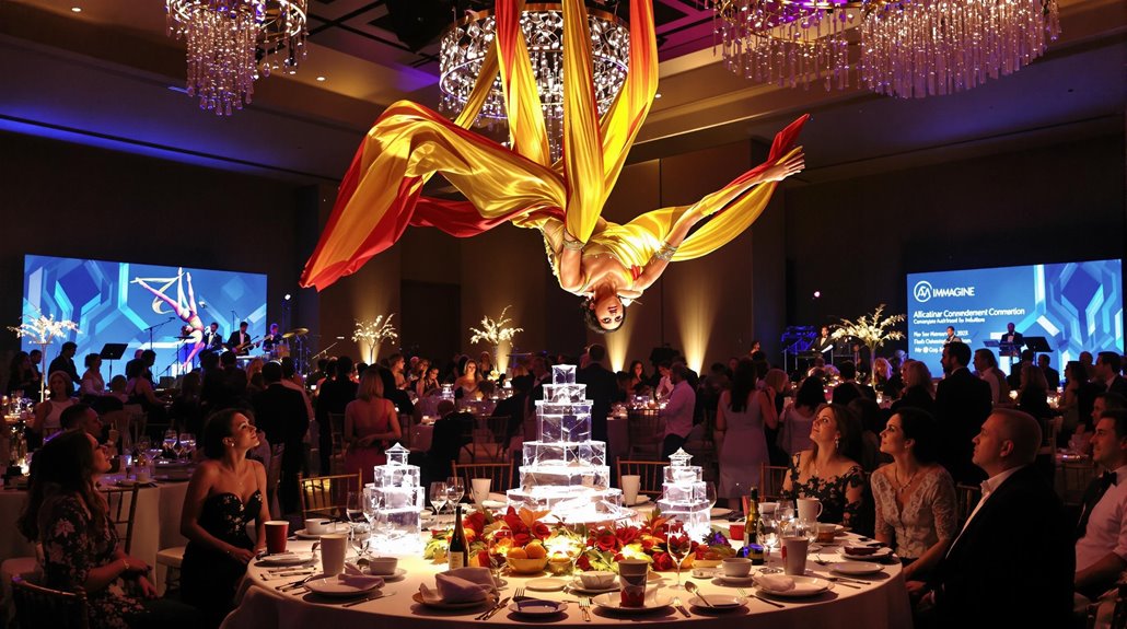 Aerial performer in a yellow and orange costume hangs upside down above a banquet hall, dazzling elegantly dressed guests—an unforgettable highlight for Corporate Event Entertainment Regina under sparkling chandeliers and dramatic stage lighting.