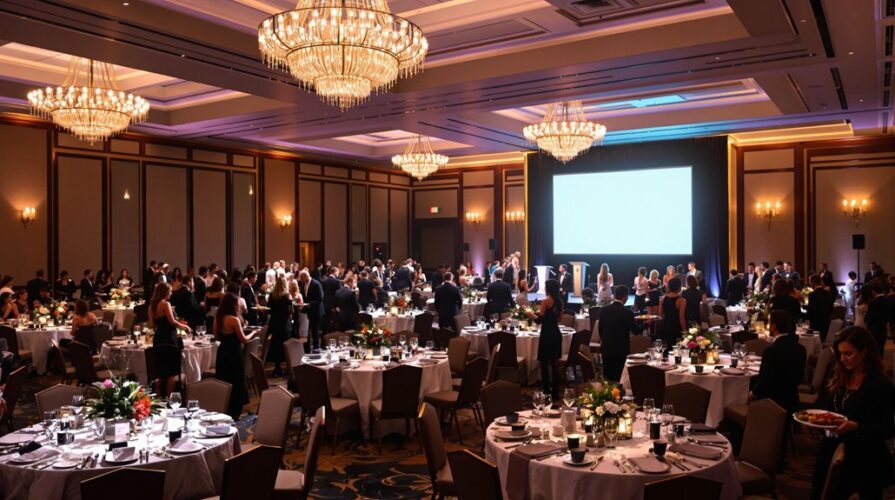 A large ballroom in Regina filled with round tables set for a formal dinner event, decorated with flowers and candles. Guests in evening attire are mingling near a stage with a blank screen, as chandeliers light this corporate event planning showcase.