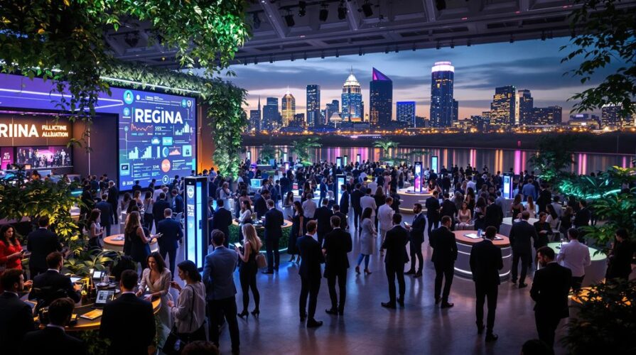 A large crowd attends a formal networking event in a modern Regina venue with lush plants and city skyline views at dusk; digital screens showcase Corporate Event Trends for 2025 as people mingle around high tables.