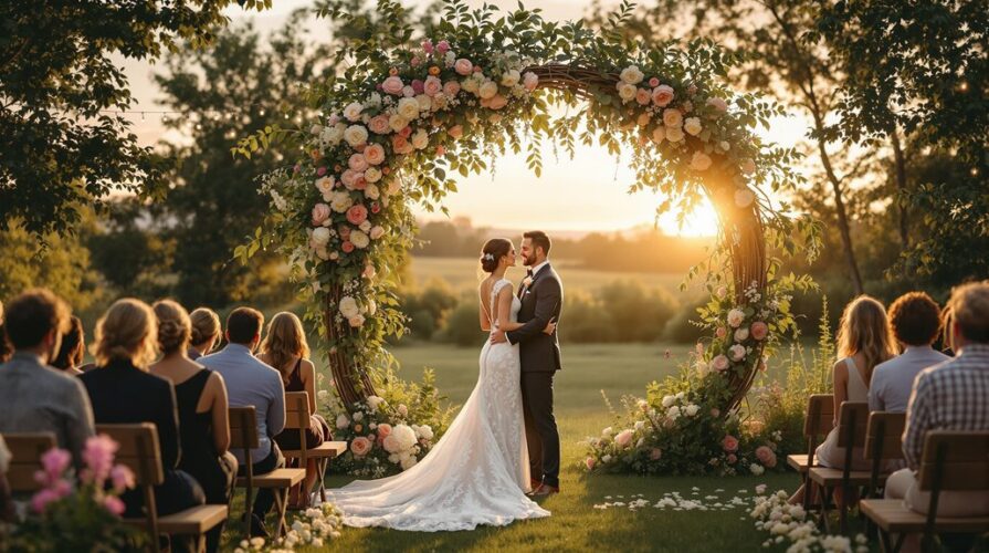 A bride and groom exchange vows under a flower-covered arch at sunset, surrounded by guests—capturing one of the top wedding trends for 2026 weddings in Regina.