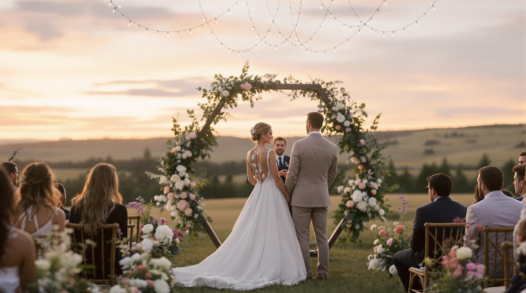 A bride and groom stand before an officiant under a floral arch outdoors at sunset, surrounded by seated guests and decorative flowers, embracing 2026 wedding trends with a scenic Regina countryside backdrop.