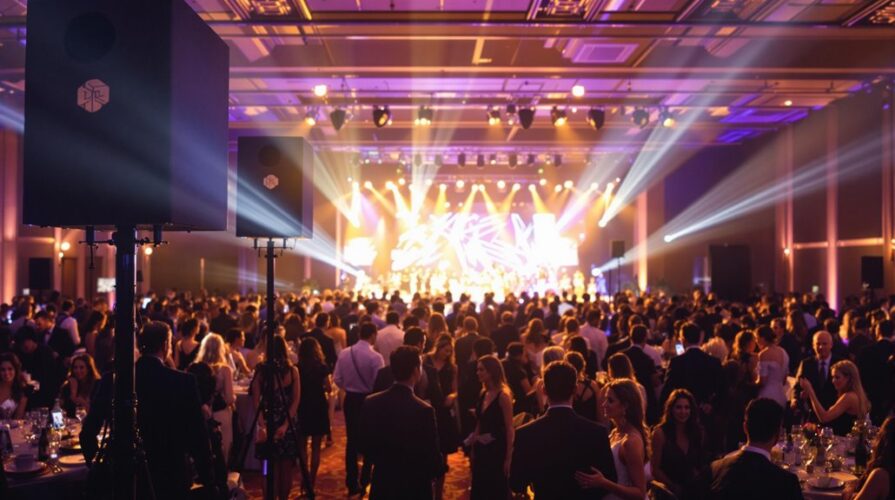 A large crowd of people dressed formally attend an event in a spacious, well-lit ballroom with a stage, colorful lights, and reliable equipment ensuring seamless events.