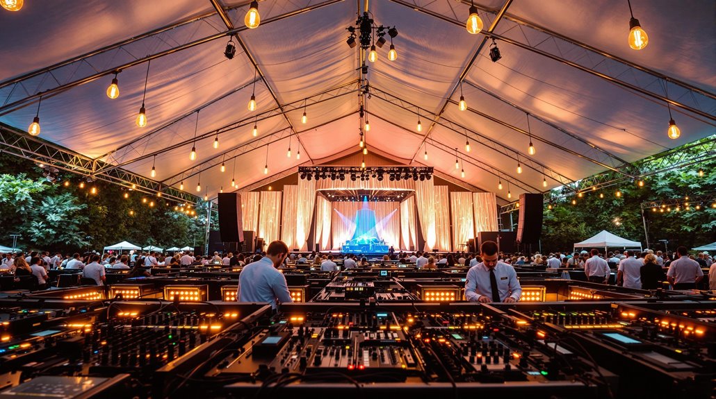 A large outdoor concert under a tent features rows of reliable equipment in the foreground, with technicians operating them and an audience seated before a well-lit stage surrounded by string lights and trees.