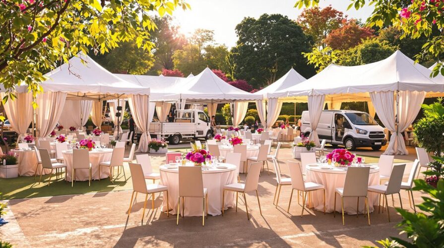An elegant outdoor event setup with round tables covered in white cloths, pink and purple flower centerpieces, and white chairs under large tents showcases cost-effective solutions for renting event equipment. Two white vans are parked nearby.