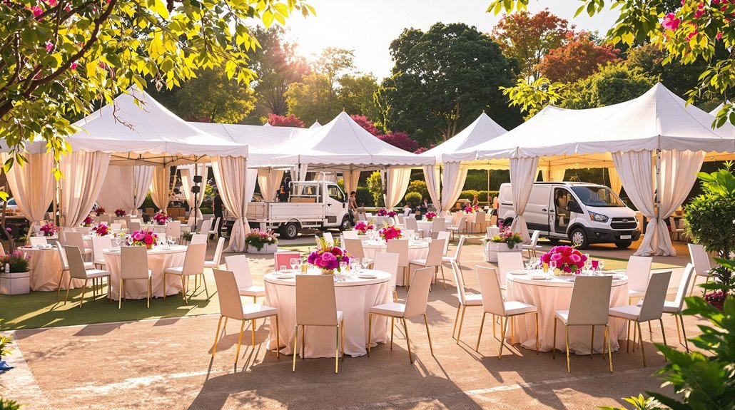 An elegant outdoor event setup with round tables covered in white cloths, pink and purple flower centerpieces, and white chairs under large tents showcases cost-effective solutions for renting event equipment. Two white vans are parked nearby.