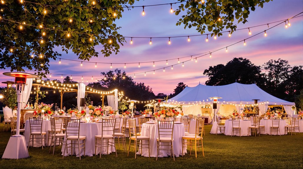 Outdoor evening wedding reception with round tables decorated with flowers and chairs, string lights overhead, and a large white tent in the background—showcasing how renting event equipment provides cost-effective solutions for a magical sunset celebration.