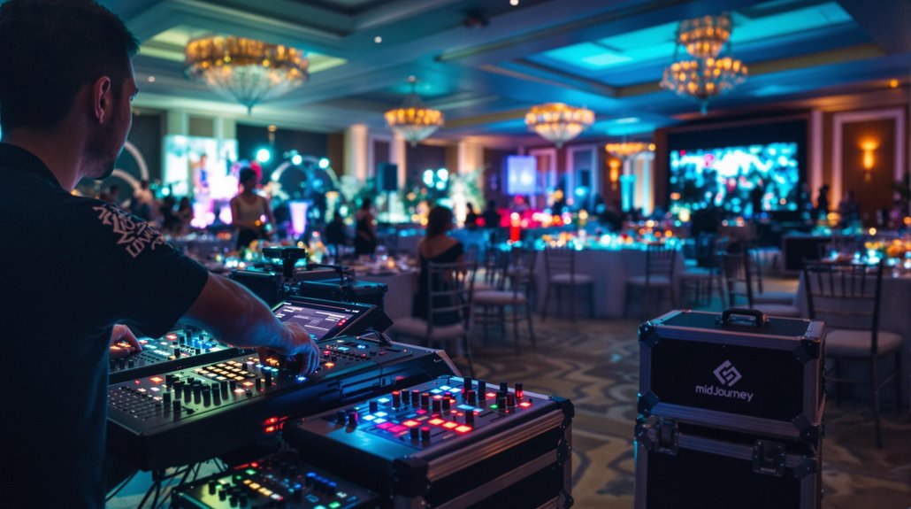 A DJ operates a mixing console at a glamorous indoor event with reliable equipment, surrounded by round tables, elegant lighting, chandeliers, and colorful lights illuminating the room as guests mingle in the background.