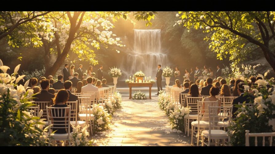 An outdoor memorial service beneath leafy trees, with rows of white chairs and floral arrangements facing an altar. Guests gather for a meaningful memorial as sunlight filters through, with the sound of a waterfall in the background.