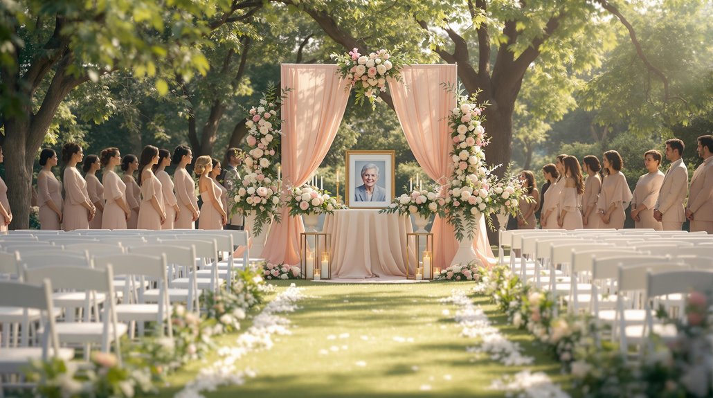 An outdoor memorial service features rows of white chairs, flower petals on the grass aisle, and a framed photo of a man beneath a pink floral arch, with mourners in pastel attire honoring him at this respectful memorial.