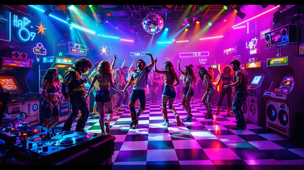 A lively 1980s-themed party with people dancing on a black-and-white checkered floor, colorful neon lights, arcade machines, and a disco ball reflecting vibrant colors—perfect for retro party planning or entertainment ideas.