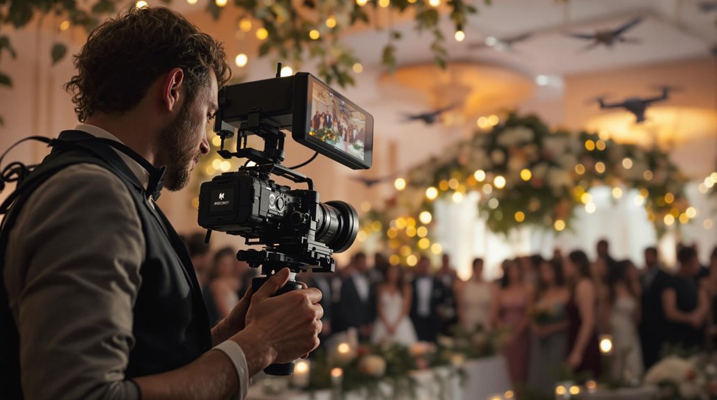 A professional videographer captures event video at a formal gathering. In the background, guests in elegant attire pose under warm, decorative lights and floral arrangements, creating lasting memories of the special occasion.