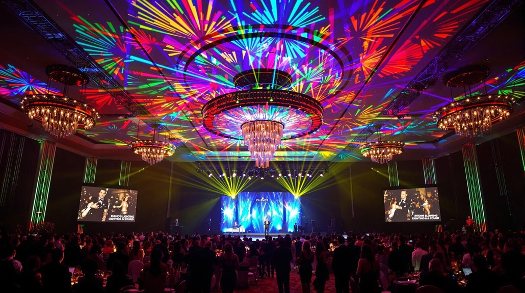 A large, elegant ballroom filled with people features vibrant, multicolored lighting and spotlights radiating from the ceiling. Chandeliers hang overhead, while crystal-clear sound fills the space and a stage with performers is visible at the front.