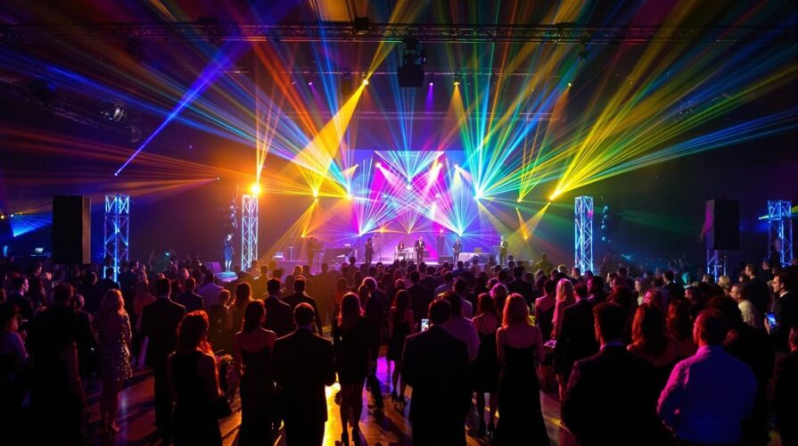 A large crowd watches a stage performance in a dark venue, illuminated by vibrant, colorful lighting and dynamic sound, creating a lively, energetic atmosphere—perfect for unforgettable corporate events.