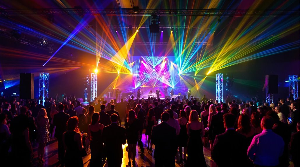 A large crowd watches a stage performance in a dark venue, illuminated by vibrant, colorful lighting and dynamic sound, creating a lively, energetic atmosphere—perfect for unforgettable corporate events.