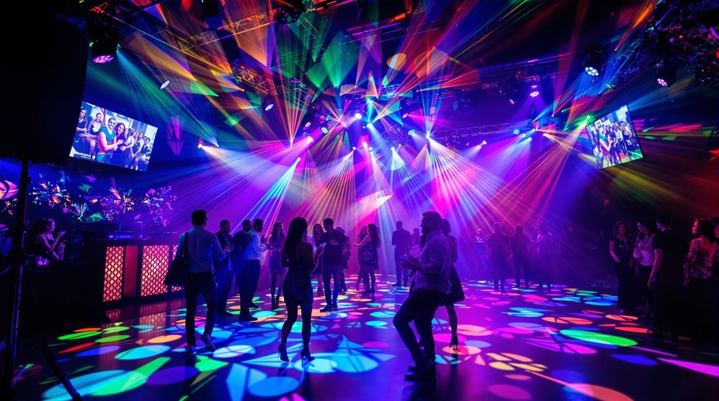 A lively dance floor in Regina features energetic event entertainment, with people dancing under vibrant lighting and sound effects, colorful spotlights, screens displaying images, and a DJ booth setting a festive mood.