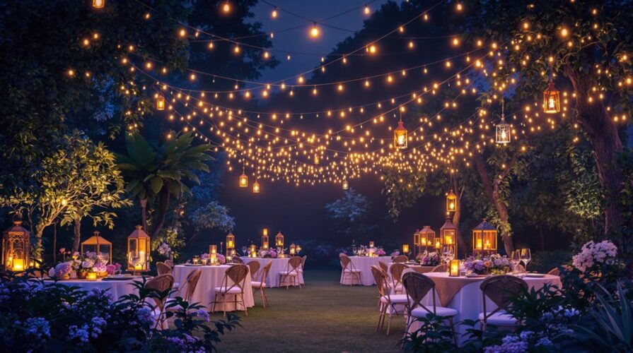 Outdoor evening anniversary party in a garden with round tables and chairs, adorned with flowers and candles. String lights and lanterns overhead inspire lighting ideas, creating a warm, romantic ambiance among trees and lush greenery.