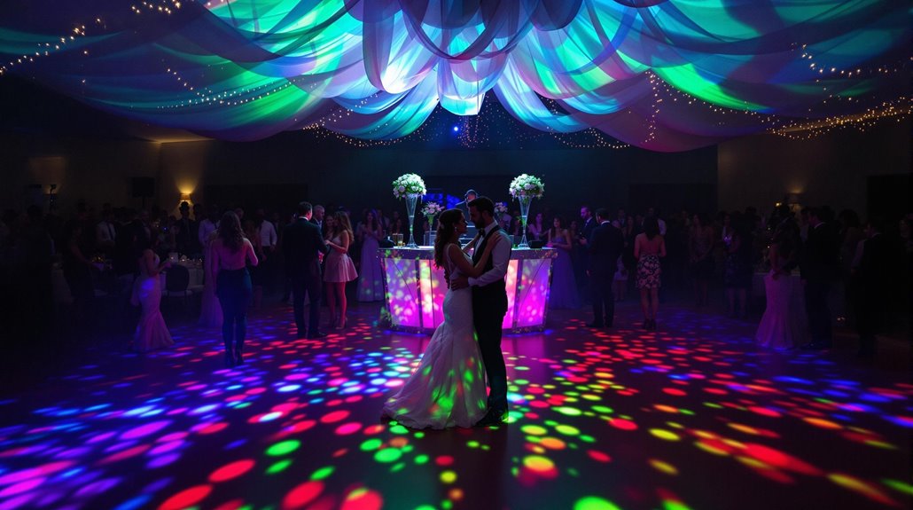 A couple dances in the center of a decorated venue, surrounded by guests. Colorful lights and draped fabric create a festive atmosphere, as top wedding songs fill the air and cast vibrant patterns across the dance floor.