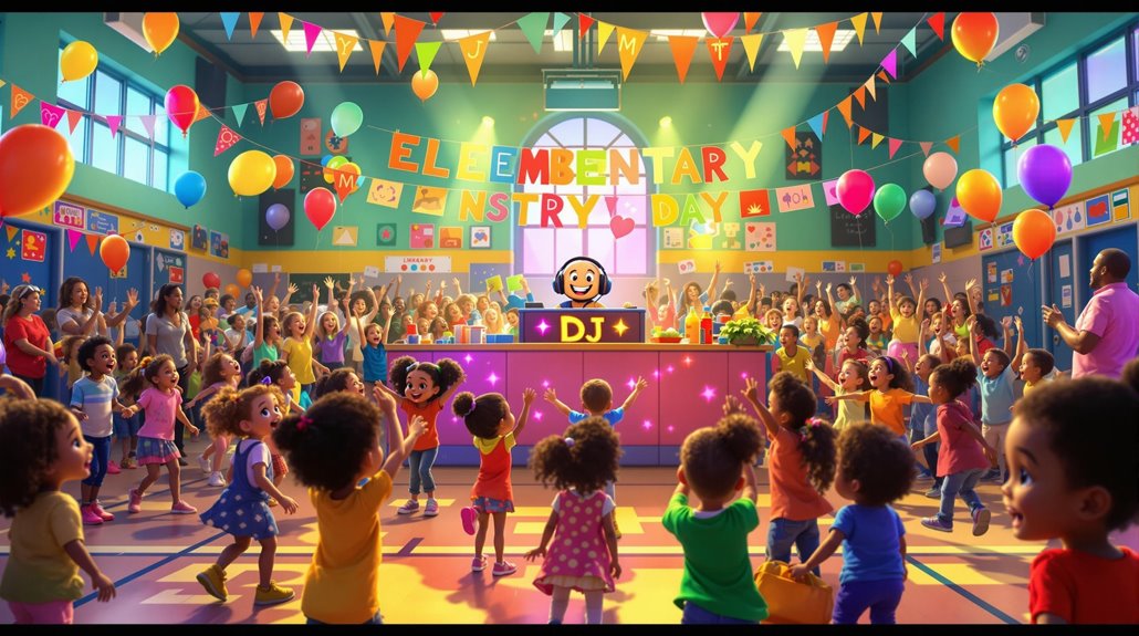 Children dance and celebrate in a colorful, decorated school gym with balloons and banners reading ELEMENTARY DAY. A DJ provides music, making this safe celebration one of the most lively elementary school events for teachers, parents, and students alike.