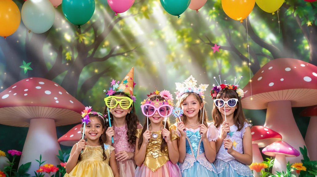 Five young girls in colorful princess dresses and fun oversized glasses smile and pose with wands at a whimsical, fairy-tale themed party, enjoying an interactive photo booth amid large mushrooms, balloons, and a magical forest backdrop.