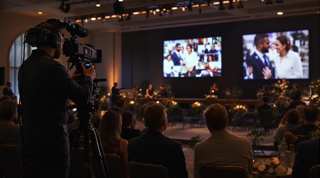 A camera operator films an event in a dimly lit auditorium while the audience watches two large screens displaying people interacting at a formal gathering, enhanced by Professional AV Services for impactful Times of Remembrance.