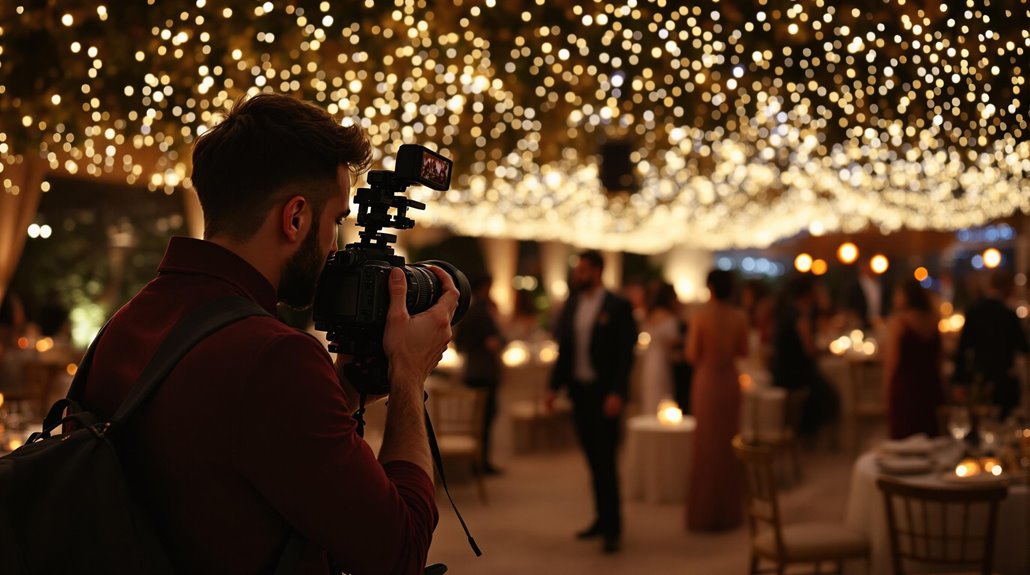 An event photographer with a camera captures moments at an elegant indoor event, as golden string lights cast a warm, festive glow above guests seated at decorated tables—showcasing the art of exceptional event photography.