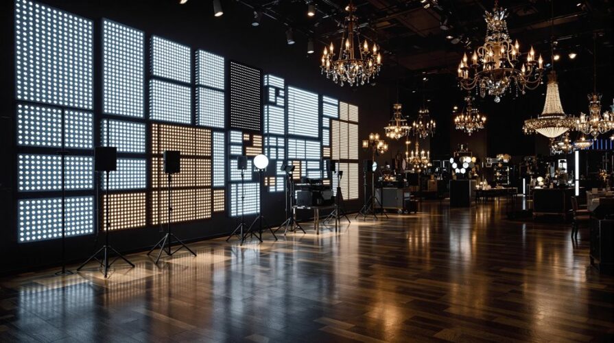 A spacious, elegant room with polished wood floors, large illuminated panels on one wall, modern event lighting equipment, and ornate chandeliers hanging from the ceiling, blending contemporary and classic styles.