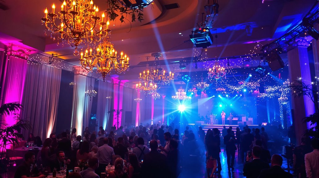 A grand ballroom filled with people, lit by elegant chandeliers and colorful event lighting. A live band performs as guests mingle and dance under twinkling ceiling lights—showcasing how to choose lighting equipment for the perfect atmosphere.