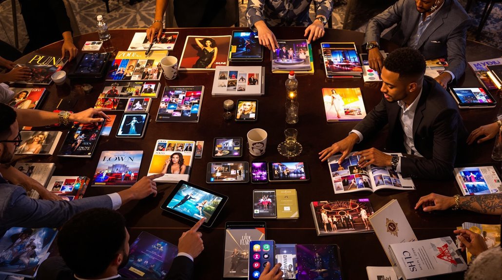 A group of people sit around a large table covered with magazines, tablets, and phones displaying images of fashion and event entertainment packages. Everyone is engaged, browsing or discussing the visuals and materials in front of them.