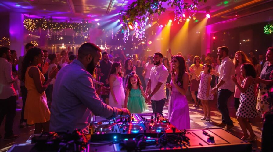 A DJ for family event plays music at a lively indoor party where people of all ages dance under colorful lights and hanging decorations, creating a joyful and festive atmosphere.