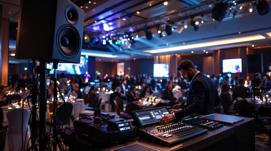 A sound engineer operates audio equipment on a control panel at a lively, well-lit event in a banquet hall, seamlessly integrating AV solutions for guests seated at round tables, with large speakers and screens visible in the background.