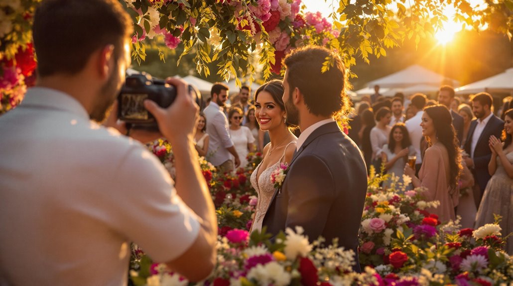 A bride and groom stand smiling among colorful flowers at an outdoor wedding as a photographer captures the event. Guests in elegant attire watch and celebrate under a warm, golden sunset. Choose this magical moment for memories that last.