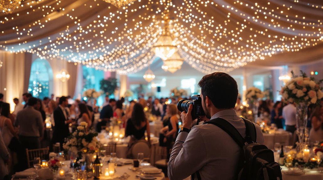 A photographer captures stunning moments at an elegant indoor wedding reception, using expert tips to highlight tables adorned with flowers and candles, while twinkling string lights and chandeliers enhance the romantic atmosphere of the event.
