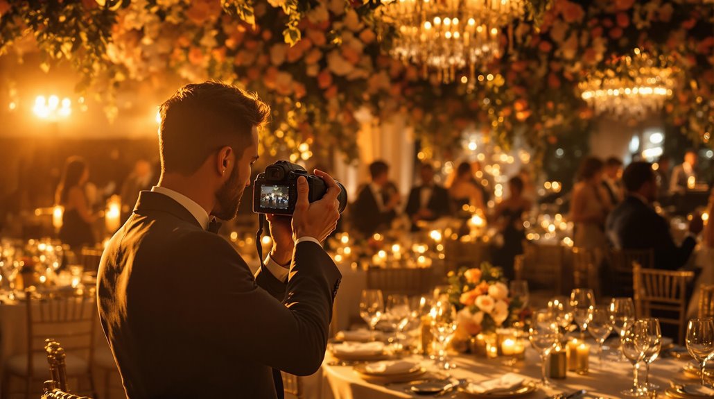 An event photographer in a suit captures tips-worthy moments at an elegant wedding reception, with beautifully set tables, floral arrangements, chandeliers, and warm, glowing lights in the background.