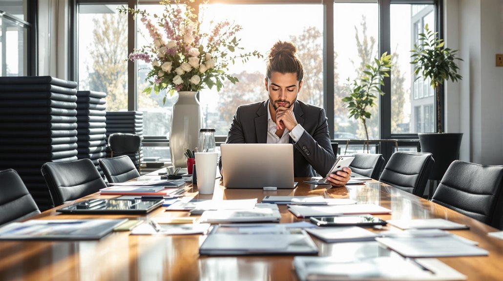 A man in a suit with a man bun works at a large table covered with papers, a laptop, phone, and coffee cup in a bright, modern Regina office—ideal for planning with the best corporate event vendors. Flowers and plants add life to the spacious setting.