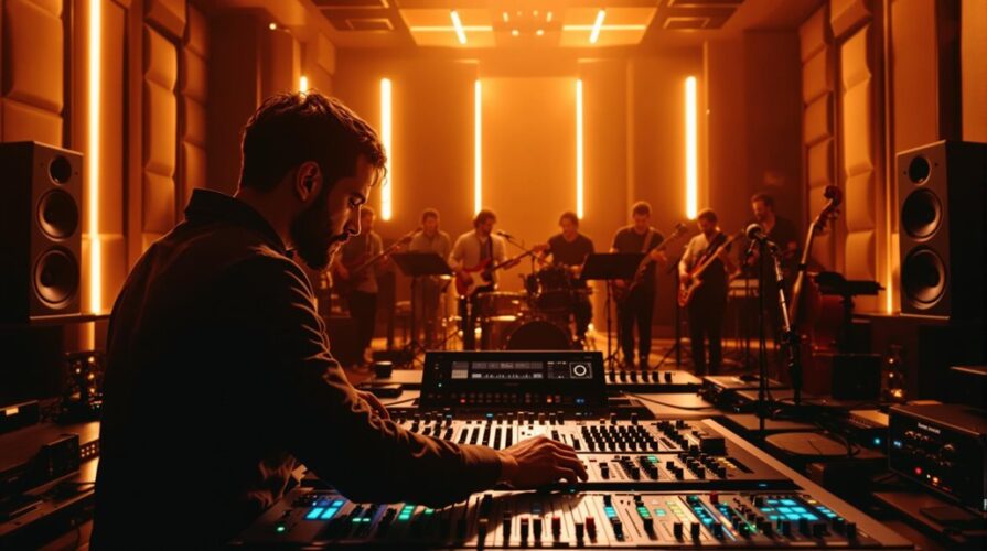 A sound engineer adjusts controls on a mixing board in a dimly lit studio, crafting the band’s signature sound as they perform with various instruments in the background under warm orange lighting.