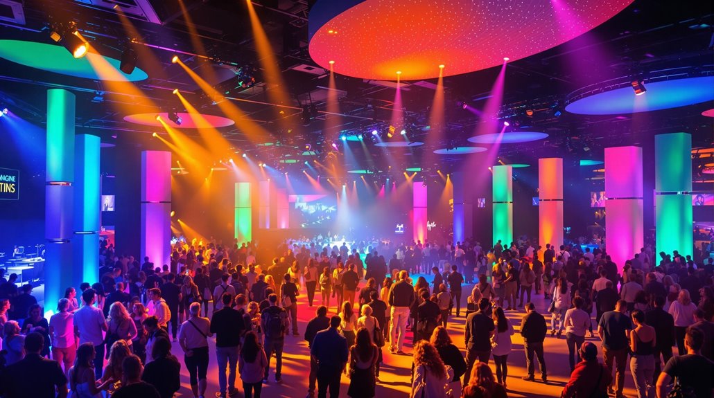 A large crowd enjoys a lively indoor event with adaptive lighting illuminating tall columns and ceiling panels, creating a festive atmosphere on the spacious dance floor—an inviting space perfect for inclusive events.