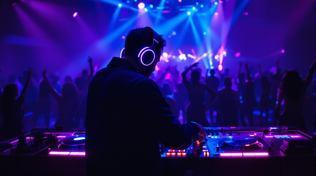 A DJ wearing headphones performs at a mixing console in a vibrant nightclub, with colorful purple and blue lights illuminating dancing people and capturing the energy of nightlife in the background.