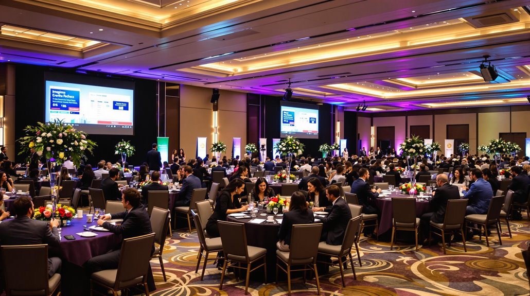 A large conference room in Regina filled with people seated at round tables, dressed in formal attire. Flower arrangements decorate the tables, and large screens display presentation slides at this expertly organized corporate event planning gathering.