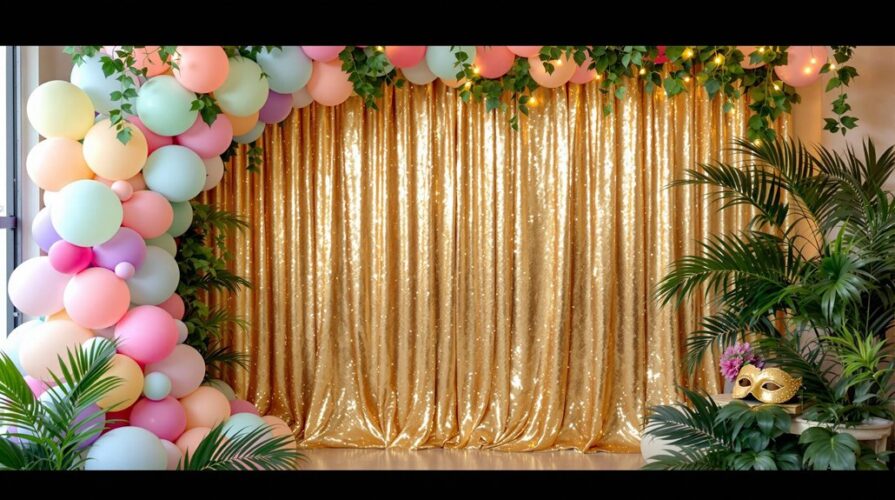 A sparkling gold sequin curtain serves as a wow-your-guests photo booth backdrop, framed by pastel balloons, green foliage, and tropical plants. A gold masquerade mask with pink flowers rests among the greenery on the right side.