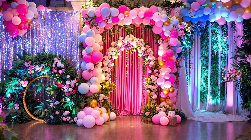 A festive party backdrop decorated with pink, white, and gold balloons, lush green plants, and vibrant flowers. Sparkling purple curtains and colorful lights make it perfect for creative photo booth backdrops and fun party memories.