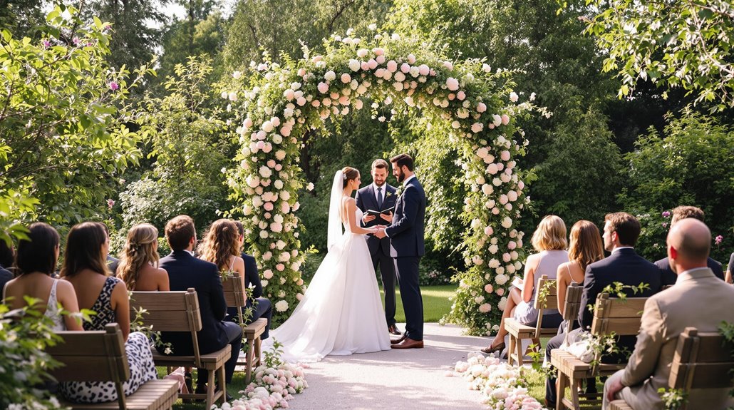 A bride and groom stand under a floral arch during an outdoor Regina wedding ceremony, surrounded by seated guests. The lush, sunlit setting features pastel flowers and reflects the latest wedding trends for a picturesque celebration.